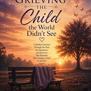 May include: Book cover with the title "Grieving the Child the World Didn't See" against a sunset backdrop. A bench with a blanket sits in a field. The author's name, TAJ, is at the bottom. The book's subtitle is also visible.