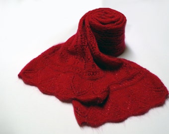 Long bright red knitted scarf for women, Knitted shawl