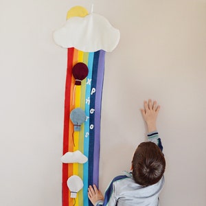 Rainbow height chart, personalised fabric measure chart, kids wall decor, cloud theme nursery, sky theme, unicorn theme, pink nursery image 2