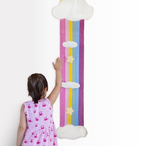 Rainbow height chart, personalised fabric measure chart, kids wall decor, cloud theme nursery, sky theme, unicorn theme, pink nursery image 1