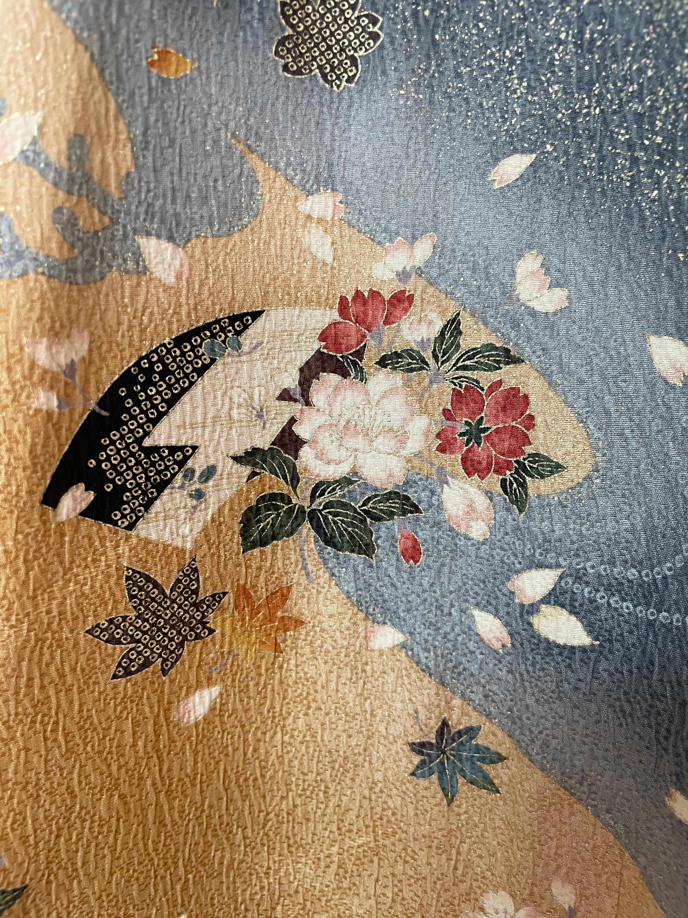 茶色の着物、シルクの花柄着物、ヴィンテージ着物、小紋、シルク