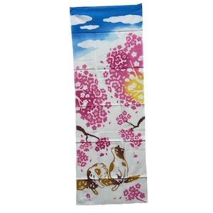 Sakura and cat Tenugui, Japanese hand towel, cotton fabric, tapestry, gift ideas, gift for cat lover