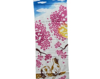 Sakura and cat Tenugui, Japanese hand towel, cotton fabric, tapestry, gift ideas, gift for cat lover