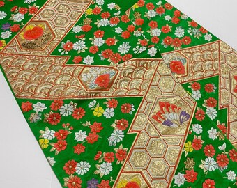 Y125 ヴィンテージ シルク 着物帯 袋帯 金ラメ加工 斜め縞 桜 辻ヶ花