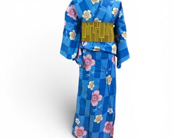 yukata and obi belt, Vintage blue yukata and obi,  yukata and reversible  obi, antique yukata and obi, sakura, cherry blossom
