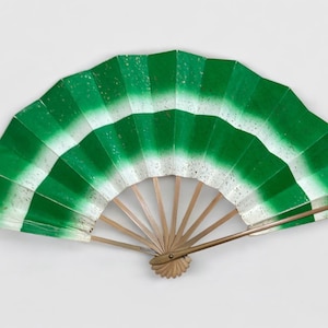 Vintage folding hand fan, sensu, Japanese folding hand fan, green  and white hand fan,