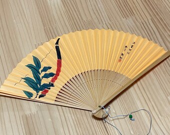 Vintage folding hand fan, sensu, Japanese folding hand fan, Japanese hand fan, sakaki and bow