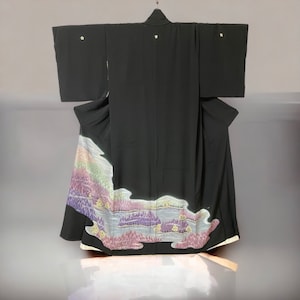 Silk kimono, black Vintage Kimono, Silk Japanese dress, komon dress, Japanese silk dress,  fantastic scenery, tomesode