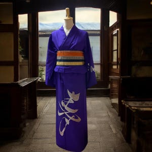 set of purple kimono and obi, Vintage washable Kimono , japanese purple dress and hanhaba obi, antique kimono and obi