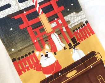 Tenugui, dog worship at a shrine, fabric, wrapping cloth, Japanese fabric, cotton fabric,  tapestry, kawaii shiba inu,