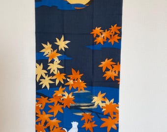 Tenugui Japanese Cotton Fabric, Cat and Moon Tapestry, Autumn Print