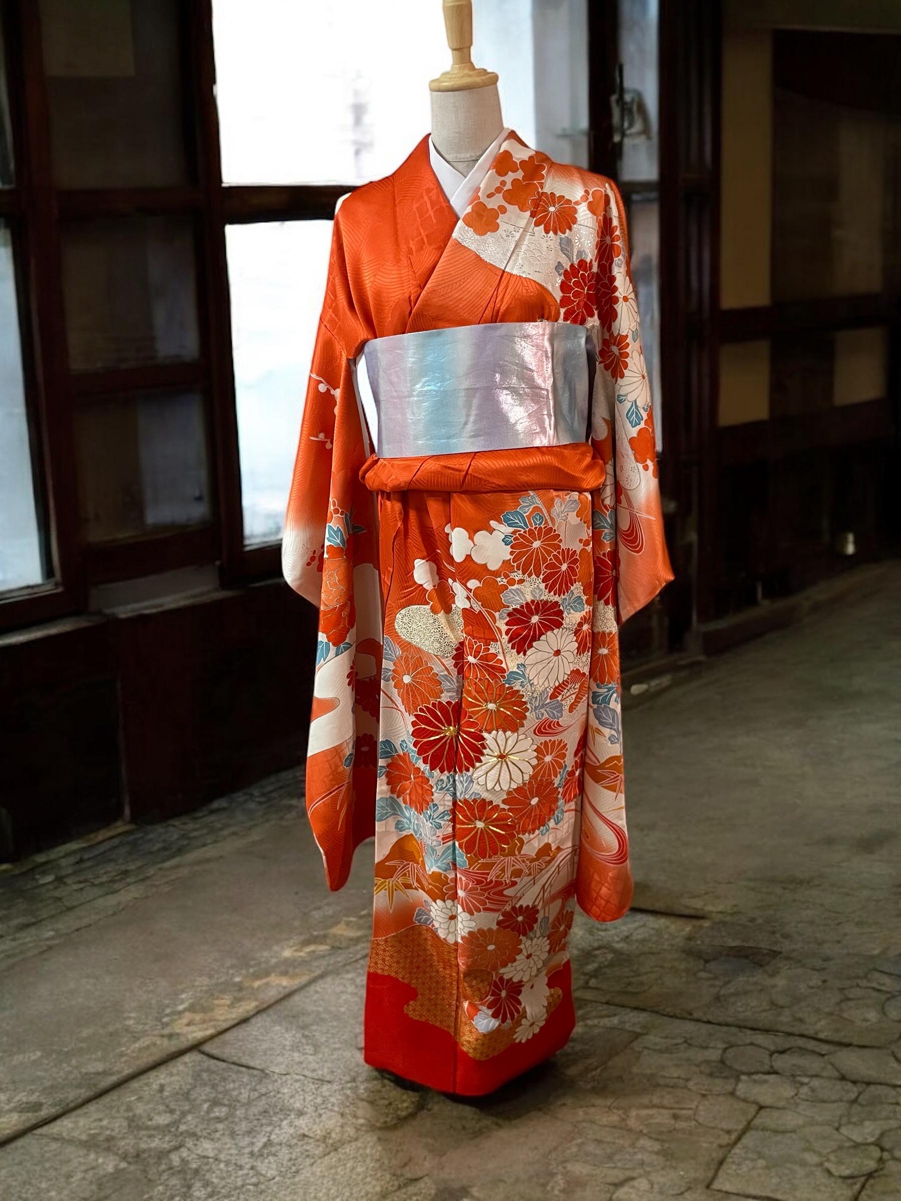 Red and Orange Color Silk Kimono, Vintage Kimono, Floral Kimono