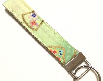 Nyckelring i tyg, grön japansk, japanskt kimonomönster Tygnyckelring, armband