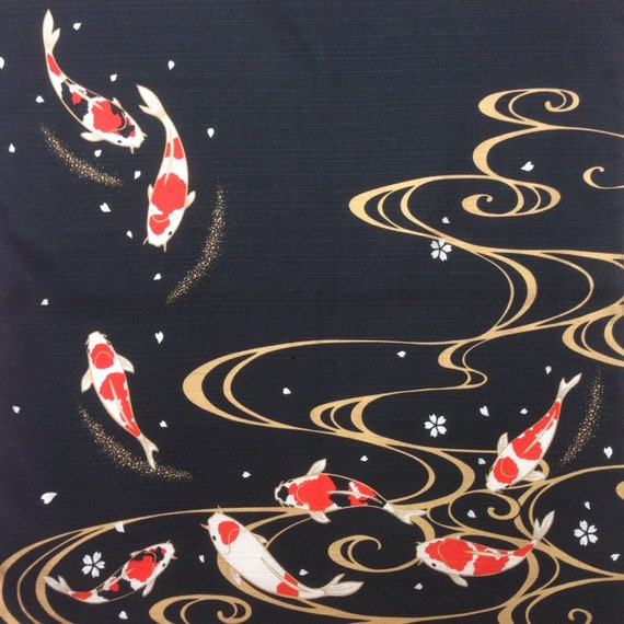 Koi Carp Japanese Cotton Furoshiki Wrapping Cloth Black Gold Gift Wrap 