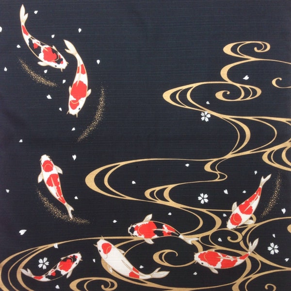 Furoshiki, colored carp, wrapping cloth, koi Japanese fabric, cotton fabric, black, gold, beautiful tapestry