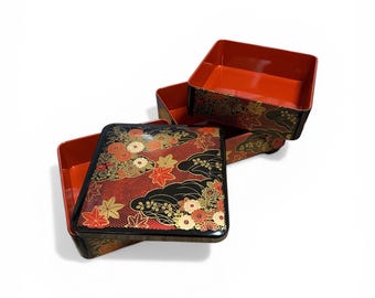 Vintage Japanese Jubako Bento Box 3 Tier | Floral Lacquer Style Box | 1990s Candy Box Storage | Traditional Japanese Food Box | 15cm