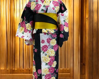 ヴィンテージブルー花柄浴衣セット（帯付き） - Etsy 日本