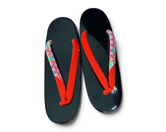 New Old Stock Japanese Geta, Wooden Sandals, Red Asanoha Hanao, Black Sole, Traditional Japanese Footwear, 23cm, #3