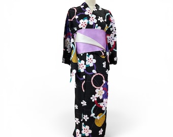 set of  black yukata and obi belt, Vintage yukata and reversible obi, yukata and purple and silver obi, antique yukata and obi, cherry bloss