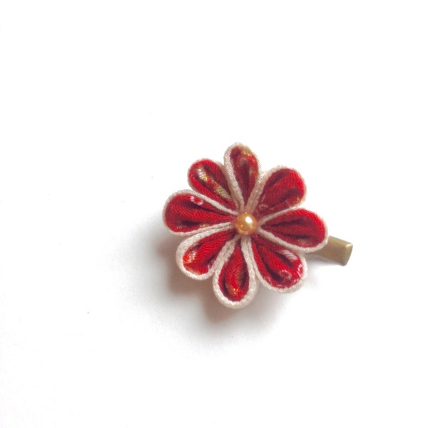 Fabric flower Chirimen Hair clip Japanese red flower hair clip, brass hair clip, Japsnese style hair accessory, free shipping