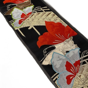 Untailored Obi, brack obi, Silk kimono obi, Vintage Obi, Japanese Kimono belt, obi, Japanese silk belt, made in Japan, butterfly, ##