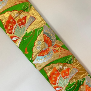 Obi, Authentic kimono obi, Vintage Obi, Japanese Kimono belt, Fukuro obi, Japanese silk belt, butterfly, made in Japan, green, ##