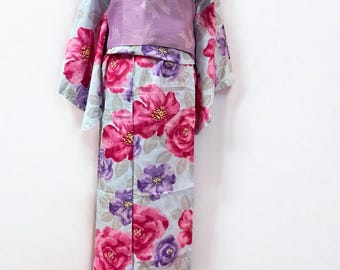 Vintage Yukata & Obi Set – Light Blue Floral Yukata with Purple Obi, Easy-to-Wear Obi, Summer Kimono, Japanese Traditional Wear