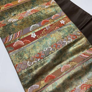 Obi, Authentic kimono obi, Vintage Obi, Japanese Kimono belt, Fukuro obi, Japanese silk belt, gold, made in Japan, Pine leaves