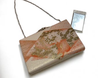Vintage kimono bag, Japanese bag, gold bag, Vintage bag,  for kimono style, clutch bag, Japanese kimono bag with mirror
