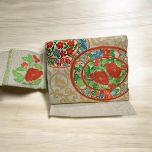 Vintage Obi, Japanese Kimono belt, Japanese silk belt, flower, silver obi,  silk obi, nagoya obi, embroidery
