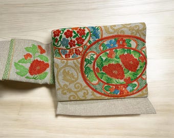 Vintage Obi, Japanese Kimono belt, Japanese silk belt, flower, silver obi,  silk obi, nagoya obi, embroidery