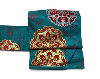 Vintage Japanese Nagoya Obi, Blue green Silk Obi Belt,  Kimono Obi, Floral Traditional Japanese