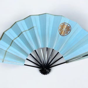 Vintage folding hand fan, sensu, Japanese folding hand fan, blue and gold hand fan