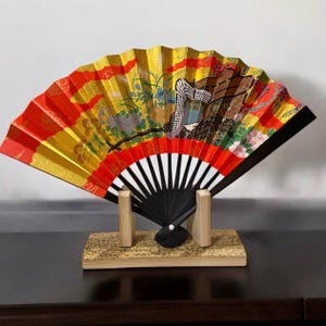 Abanico de mano plegable vintage, sensu, abanico de mano plegable japonés, abanico de mano dorado con soporte de bambú