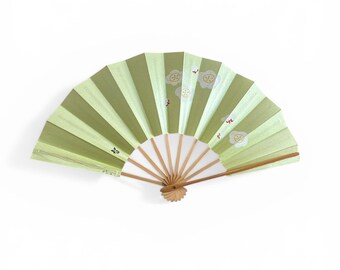 Vintage folding hand fan, sensu, Japanese folding hand fan, green hand fan, With the name written on one side
