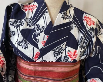 yukata en obi-riem, vintage blauwe yukata en obi, yukata en omkeerbare obi, antieke yukata en obi