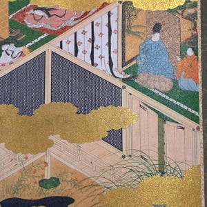 May include: An antique Japanese painting depicting a scene with figures in traditional attire. The artwork features gold leaf accents, a detailed architectural setting, and a serene landscape with stylized clouds and vegetation.