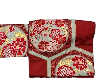 Vintage Japanese Nagoya Obi, Red Floral Geometric Pattern, Traditional Kimono Sash, Gold and Silver Blue Accents