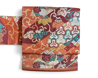 Vintage Japanese Nagoya Obi, Orange Gold Floral Geometric Pattern, Traditional Japanese Kimono Belt, Vintage Obi, Craft Fabric