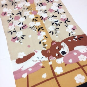 Tenugui, spring dog & cat fabric, wrapping cloth, Japanese fabric, cotton fabric,  tapestry, kawaii shiba inu