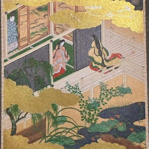 May include: A colorful Japanese woodblock print depicting a scene with figures in traditional attire. The artwork features gold accents, a pond, and architectural elements. The overall aesthetic is reminiscent of classical Japanese art.