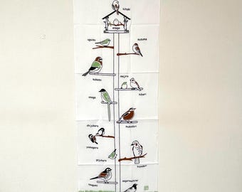 Birds Tenugui, Japanese Cotton Tapestry Fabric, Kawaii Decor