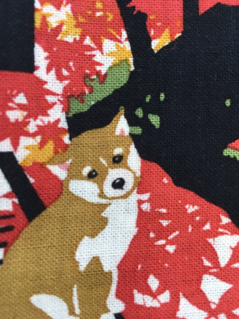 Op de afbeelding: Een bruine en witte Shiba Inu hond met zwarte ogen zit voor een rood en zwart bloemenpatroon. De hond kijkt naar rechts.