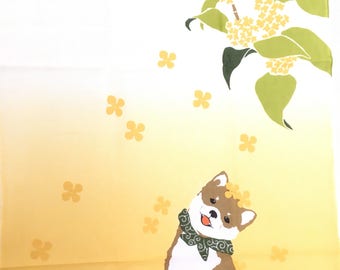 Tenugui, shiba dog with osmanthus, wrapping cloth, Japanese fabric, cotton fabric,  tapestry, kawaii shiba inu, fragrant olive, yellow