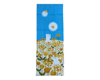 Tenugui,  cat with yellow flowers fabric, wrapping cloth, Japanese fabric, cotton fabric,  tapestry, kawaii