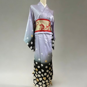 set of purple kimono and obi, Vintage washable Kimono , japanese purple dress and reversible hanhaba obi, antique kimono and obi