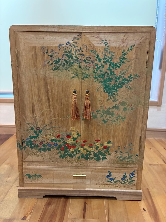 Vintage Genji Monogatari Shikishi Art Collection, 60 Japanese Gold Leaf Color Prints, Paulownia Wood Cabinet, Franklin Gallery Certified, He