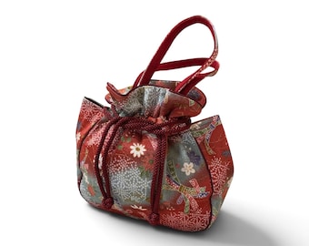 Vintage Japanese Chirimen Drawstring Handbag, Red Floral Pattern Kinchaku Bag, Traditional Japanese Fabric Purse, Unused Vintage Bag