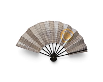 vintage hand fan, sensu, Japanese folding fan, purple and gold, family crest