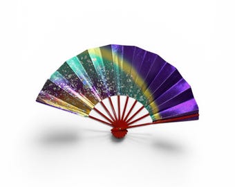 Vintage folding hand fan, sensu, Japanese folding hand fan, hologram hand fan, , Double sided, purple